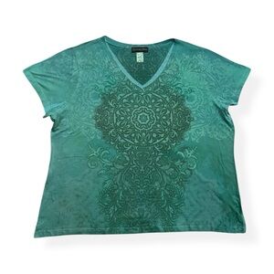 Y2K Teal Tie Dye Burnout V Neck T Shirt Bedazzled Boho Paisley Baroque Print